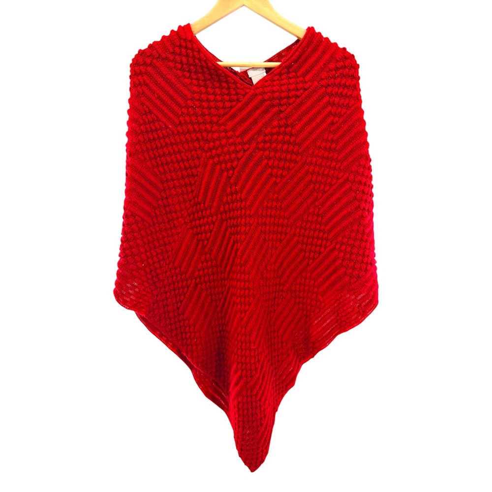Chicos Red Popcorn Knit Poncho Sweater S/M Textured Geometric Cape Pullover Wrap